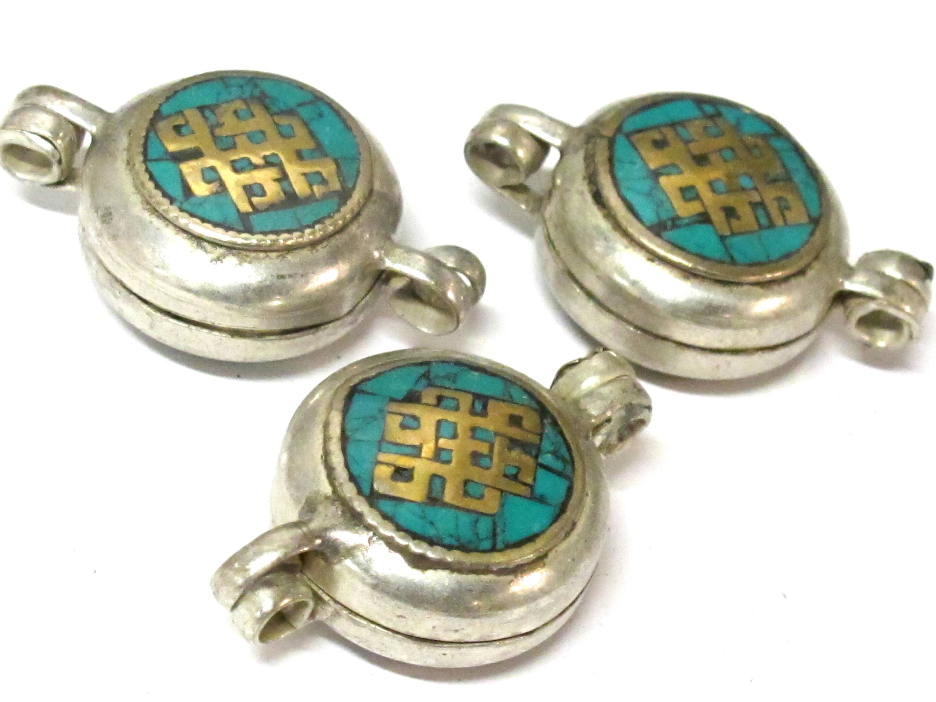1 Pendant - Reversible endless Knot OM symbol Tibetan silver turquoise inlaid Ghau prayer box Endless knot pendant - PM571C