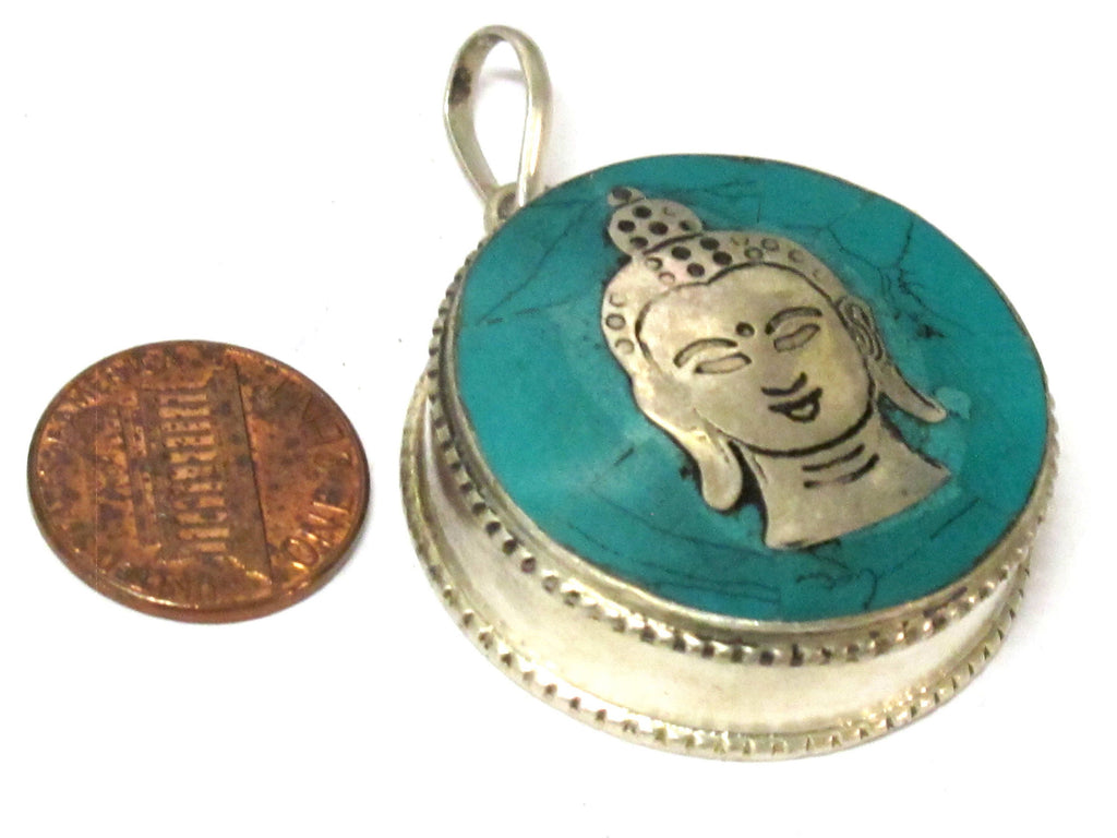 Beautiful Tibetan Buddha face Box Pendant with turquoise inlay - PM148 Custom Design Copyright Nepalbeadshop