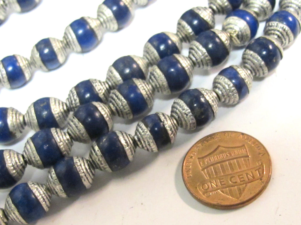 4 Beads - Tibetan silver color capped lapis gemstone beads from Nepal 7 - 8 mm x 9 - 10 mm - BD773D