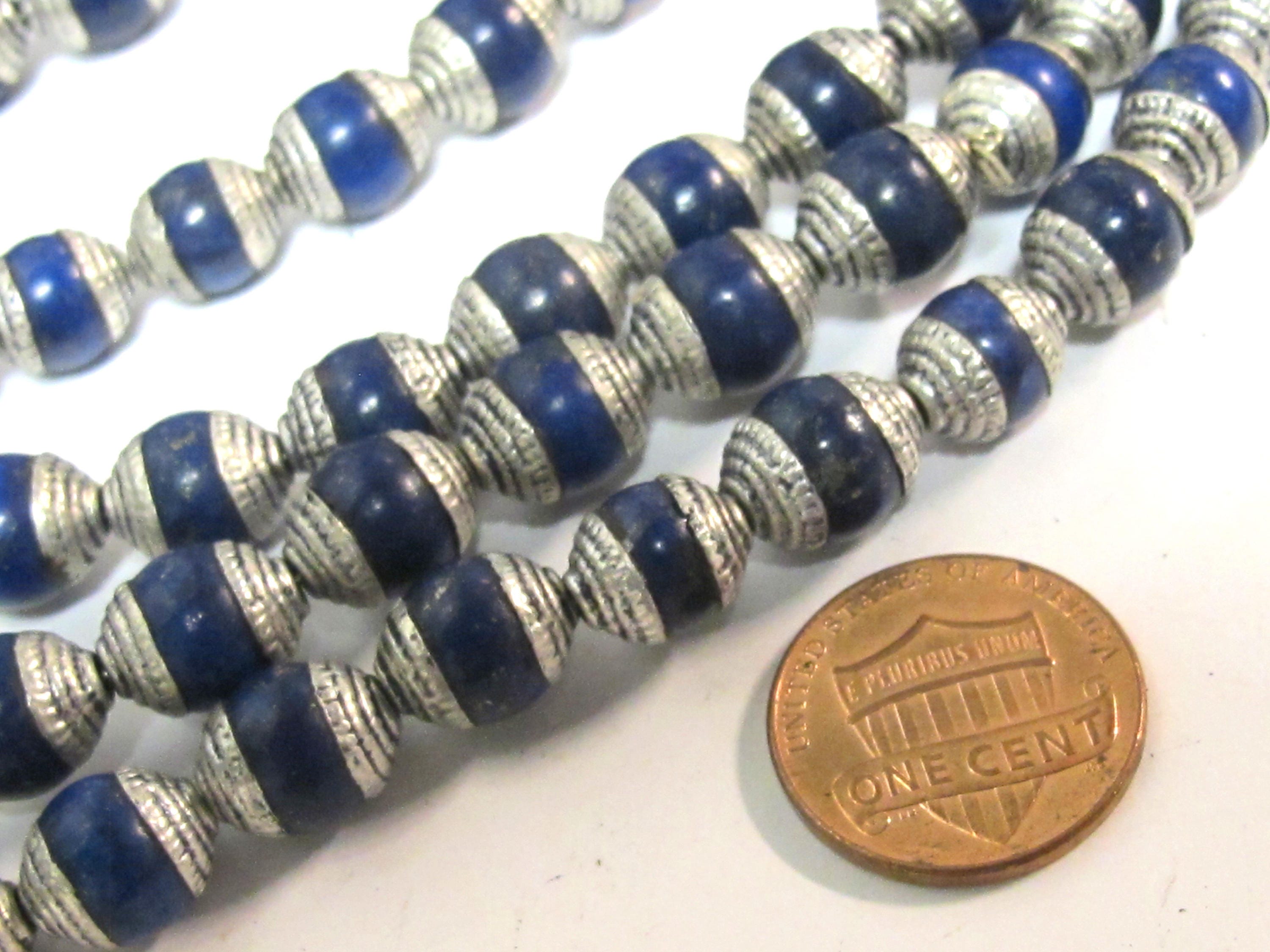 4 Beads - Tibetan silver color capped lapis gemstone beads from Nepal 7 - 8 mm x 9 - 10 mm - BD773D