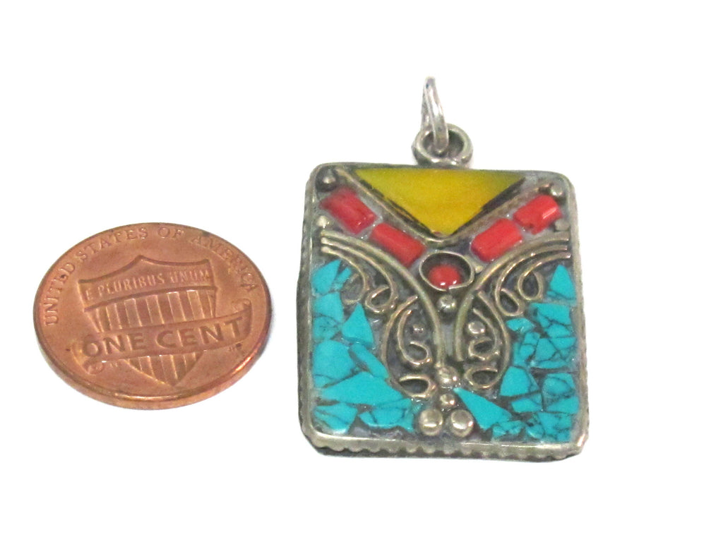 3 pieces - Rectangular square shape Tibetan silver charm pendant with mosaic turquoise coral copal inlay - PM573A