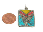 3 pieces - Rectangular square shape Tibetan silver charm pendant with mosaic turquoise coral copal inlay - PM573A