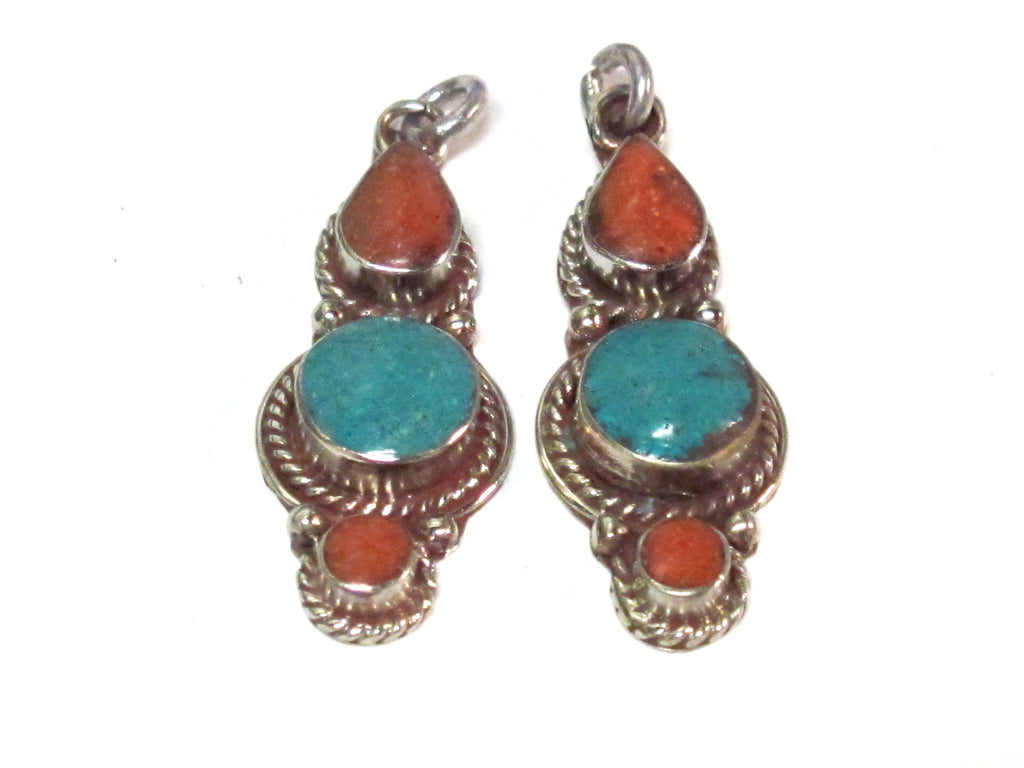 1 pendant - Nepal pendant ethnic nepalese Small linear drop shape Tibetan silver charm pendant with turquoise inlay - PM573B