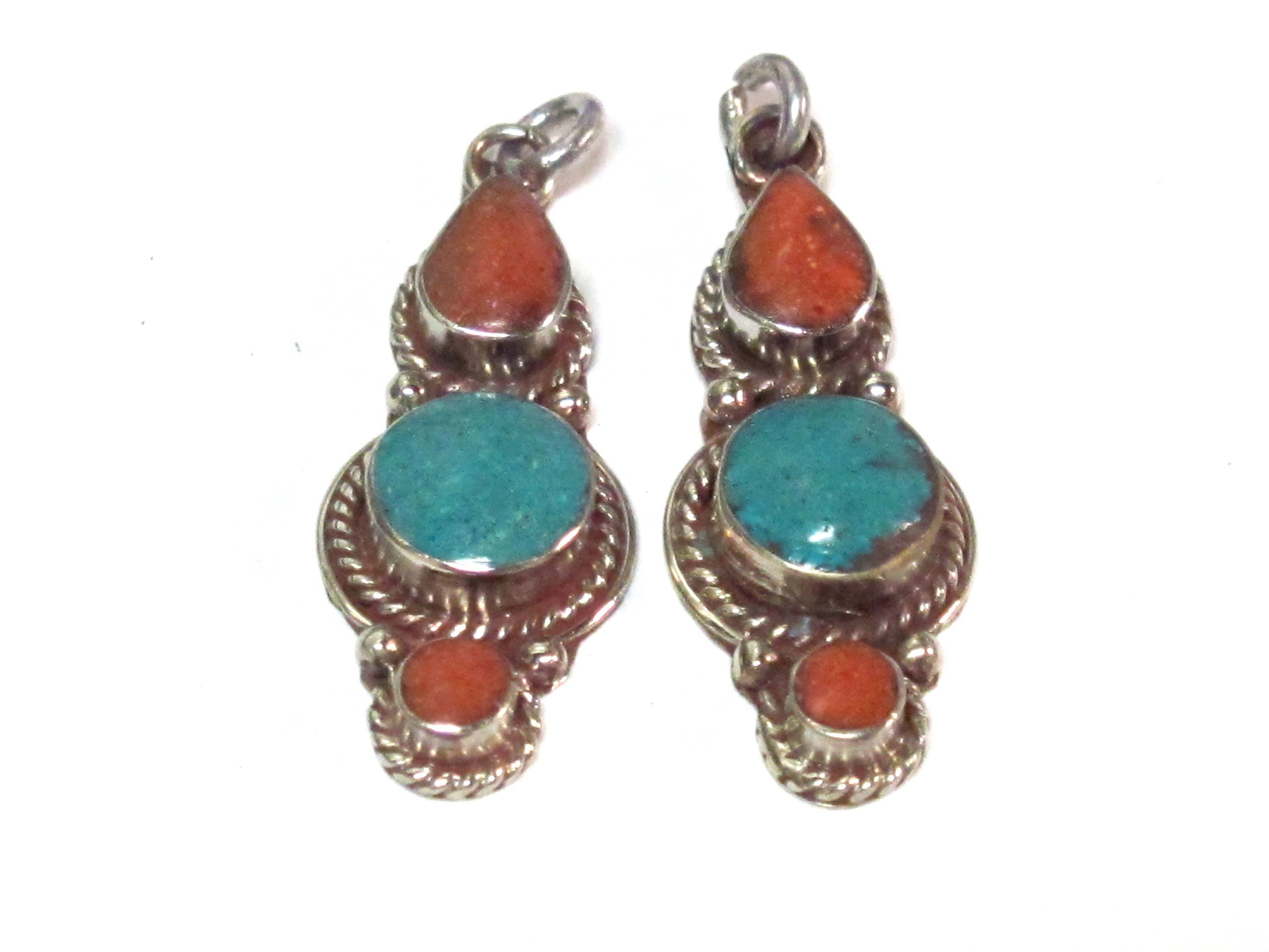 1 pendant - Nepal pendant ethnic nepalese Small linear drop shape Tibetan silver charm pendant with turquoise inlay - PM573B