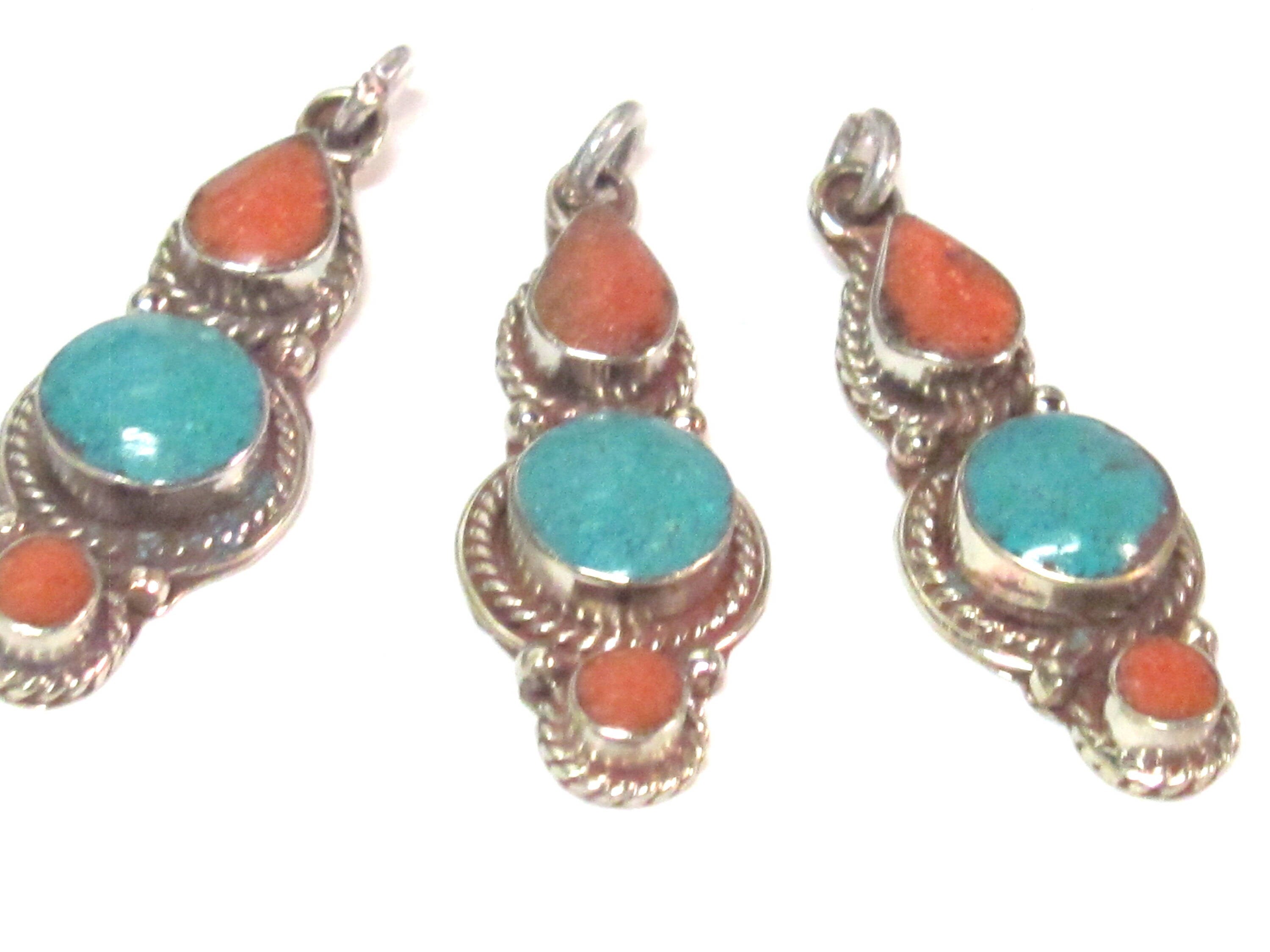 1 pendant - Nepal pendant ethnic nepalese Small linear drop shape Tibetan silver charm pendant with turquoise inlay - PM573B