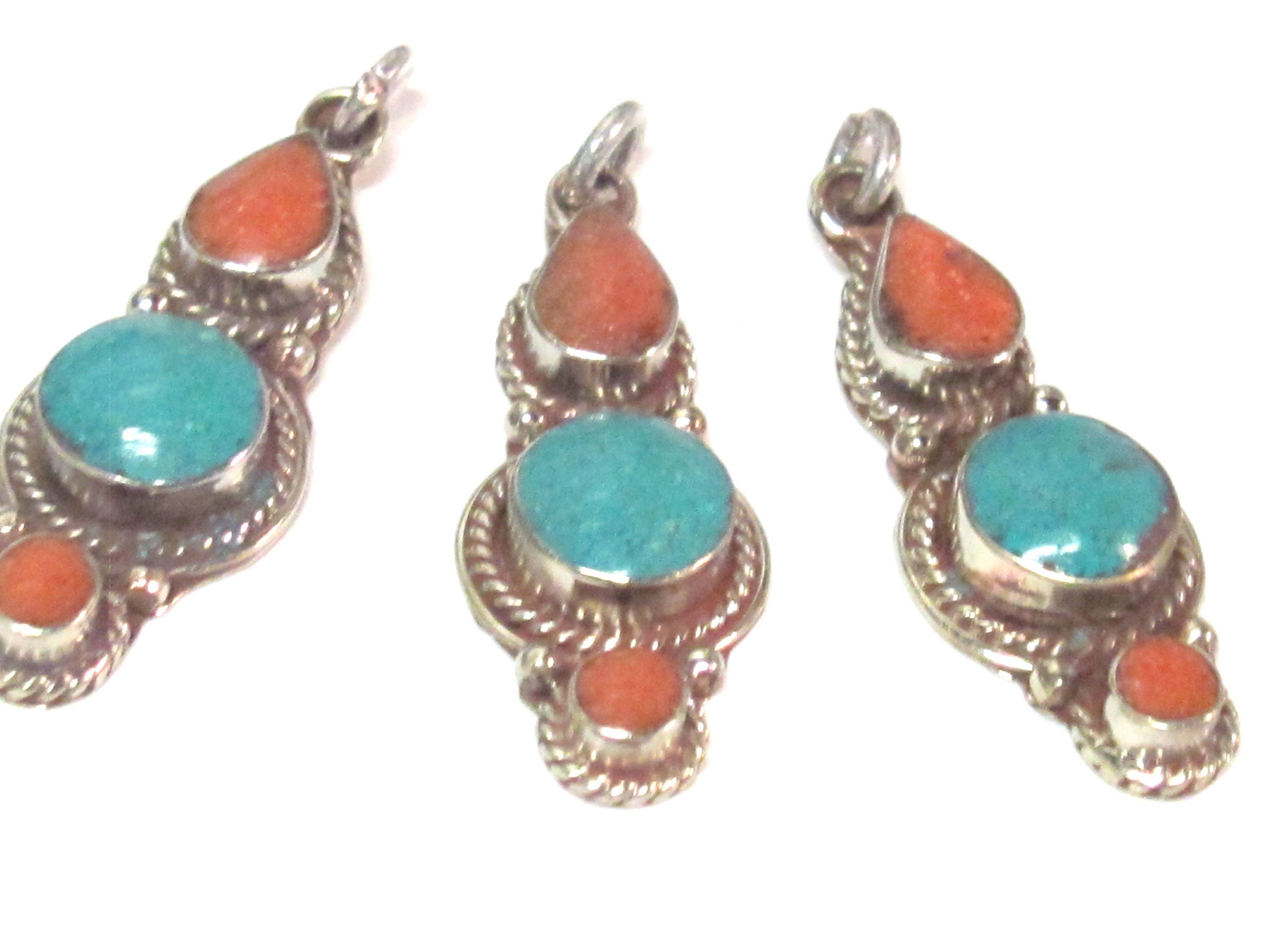 1 pendant - Nepal pendant ethnic nepalese Small linear drop shape Tibetan silver charm pendant with turquoise inlay - PM573B