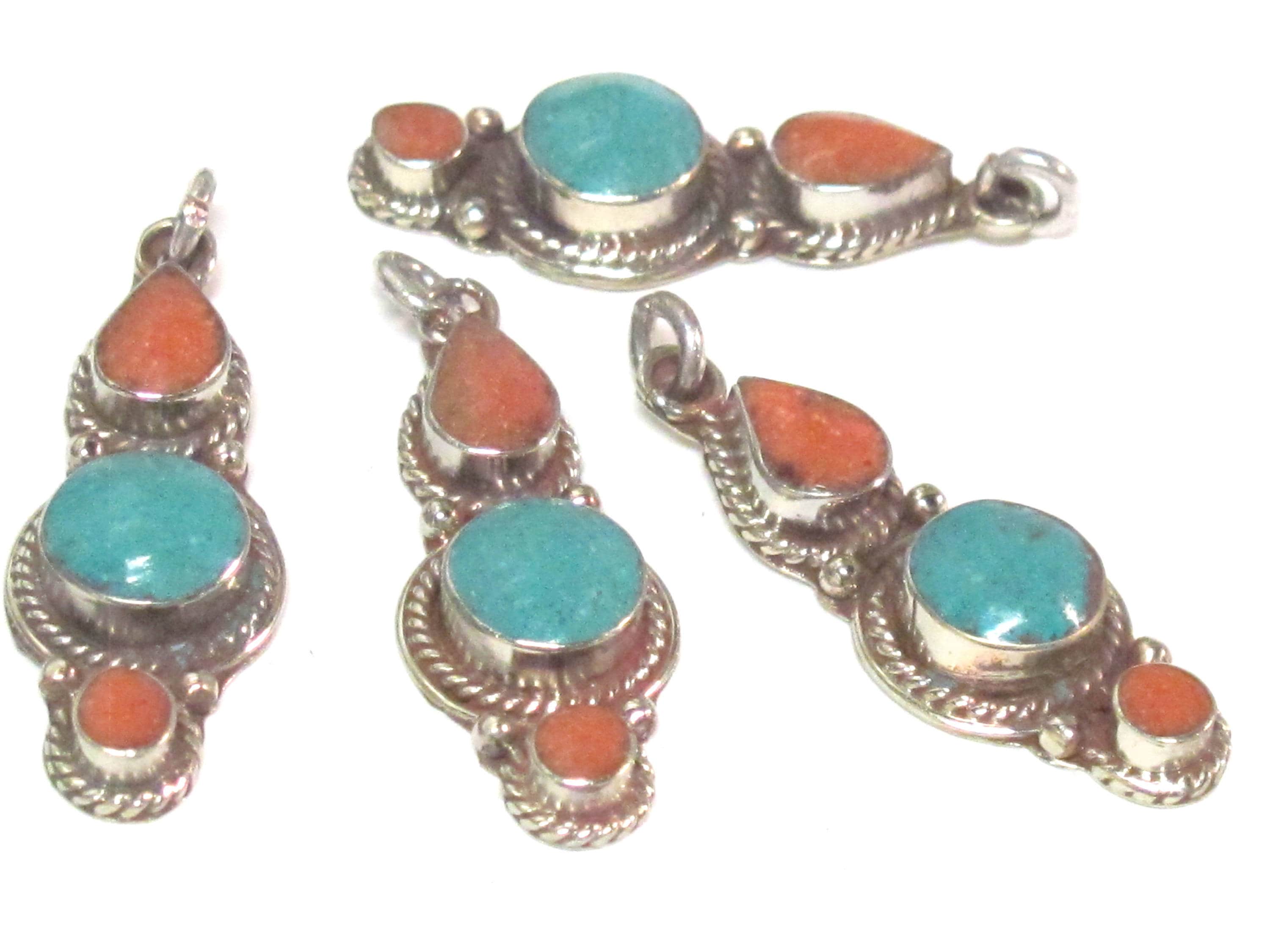 1 pendant - Nepal pendant ethnic nepalese Small linear drop shape Tibetan silver charm pendant with turquoise inlay - PM573B