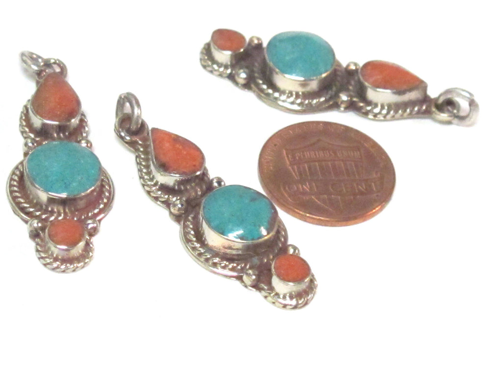 1 pendant - Nepal pendant ethnic nepalese Small linear drop shape Tibetan silver charm pendant with turquoise inlay - PM573B