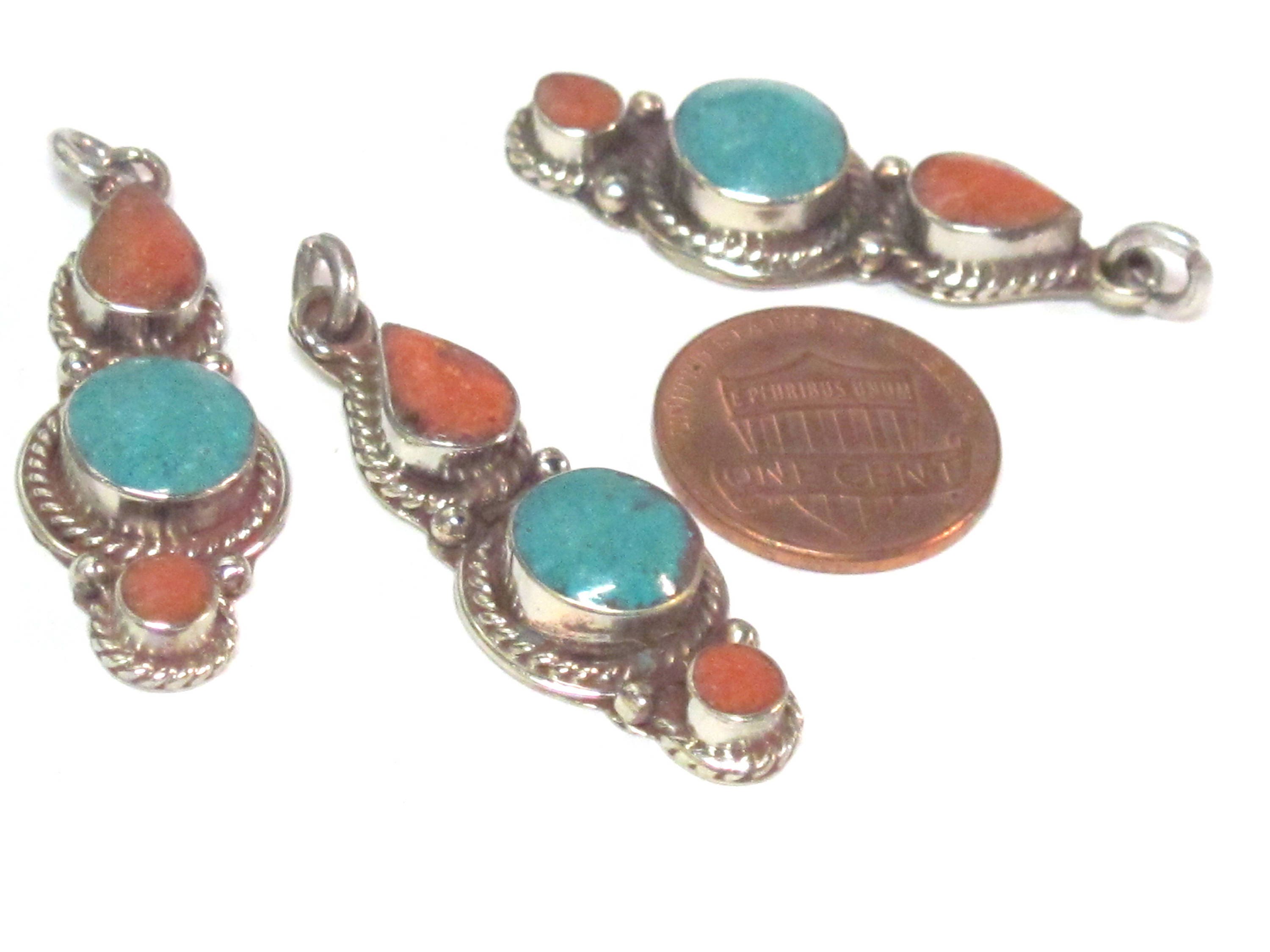 1 pendant - Nepal pendant ethnic nepalese Small linear drop shape Tibetan silver charm pendant with turquoise inlay - PM573B