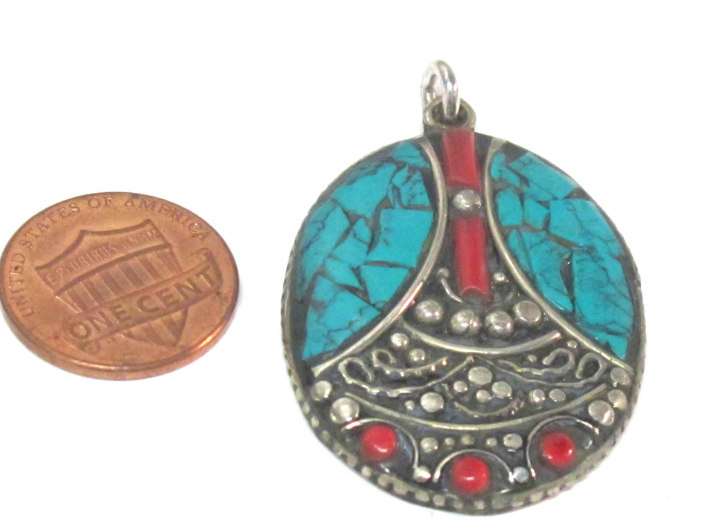 2 pieces - Tibetan pendants -Beautiful oval shape ethnic design Tibetan Nepal pendant with mosaic turquoise inlay - PM576Ax