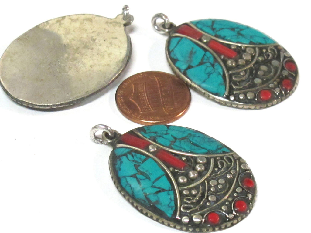 2 pieces - Tibetan pendants -Beautiful oval shape ethnic design Tibetan Nepal pendant with mosaic turquoise inlay - PM576Ax