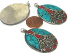 2 pieces - Tibetan pendants -Beautiful oval shape ethnic design Tibetan Nepal pendant with mosaic turquoise inlay - PM576Ax