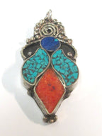 1 pendant - Large ethnic design Tibetan pendant with mosaic turquoise lapis inlay -- PM574A