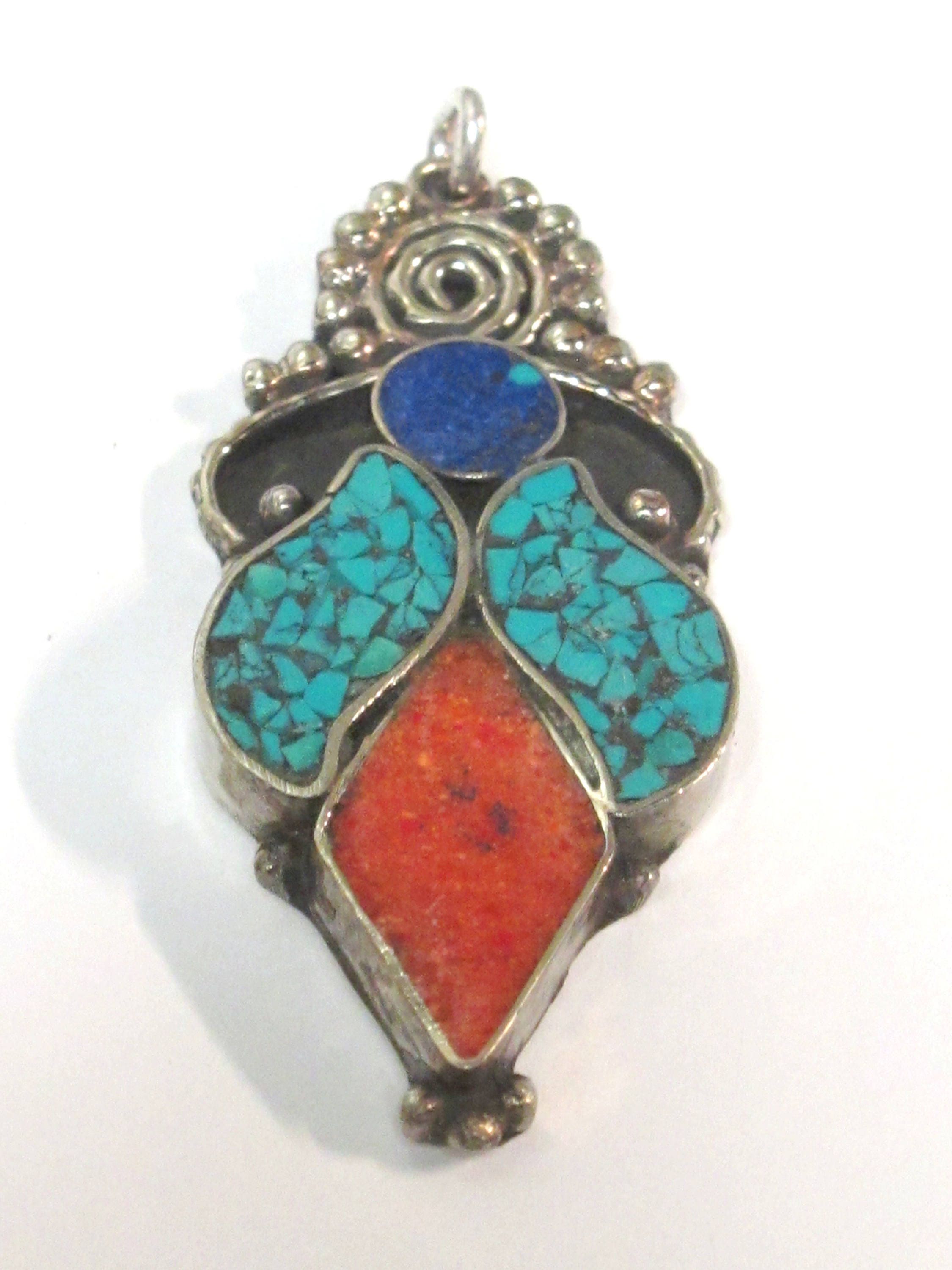 1 pendant - Large ethnic design Tibetan pendant with mosaic turquoise lapis inlay -- PM574A