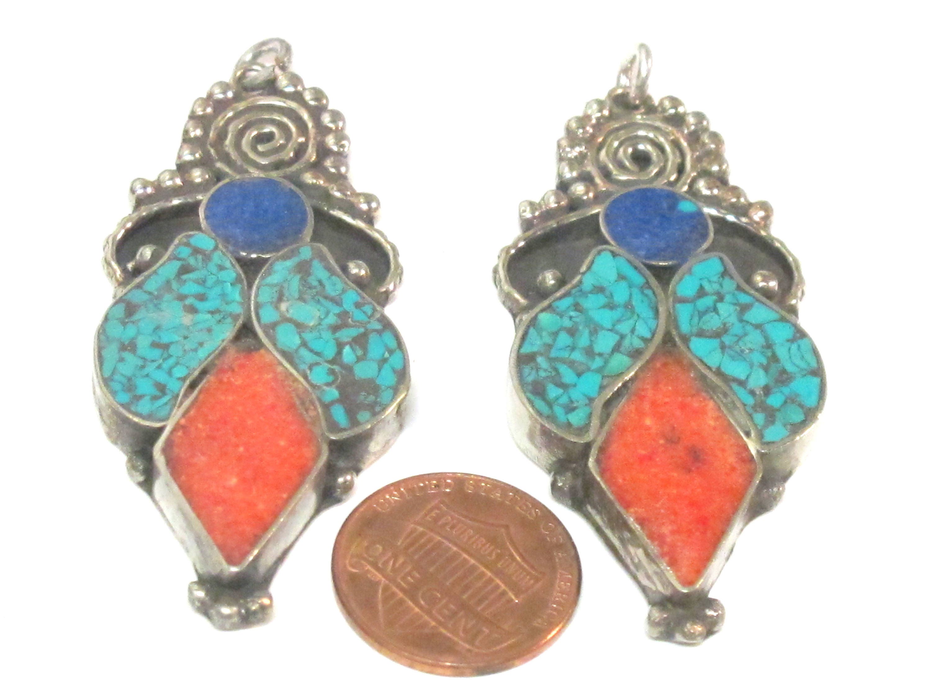 1 pendant - Large ethnic design Tibetan pendant with mosaic turquoise lapis inlay -- PM574A