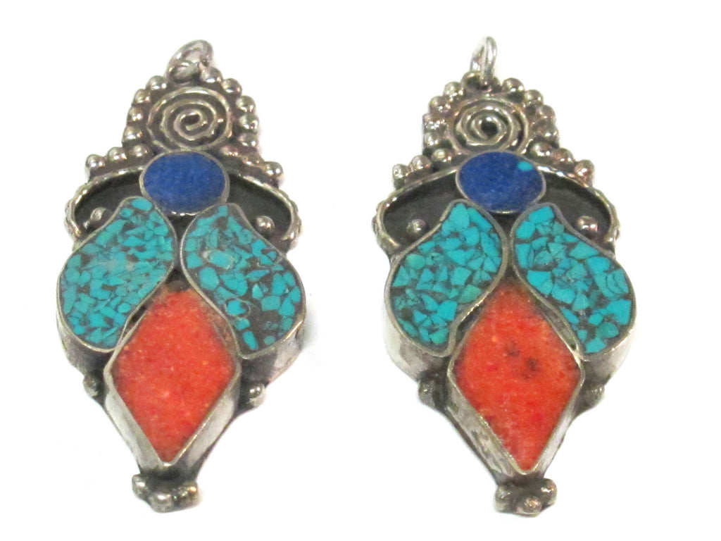 1 pendant - Large ethnic design Tibetan pendant with mosaic turquoise lapis inlay -- PM574A