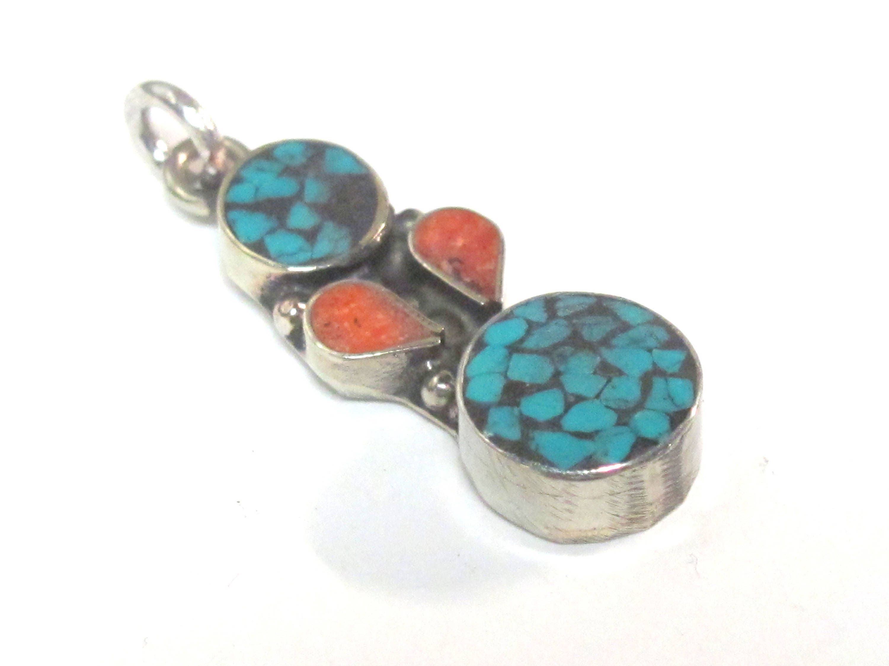 2 charms - Small linear drop shape Tibetan silver charm pendant with mosaic turquoise inlay - PM574Bx