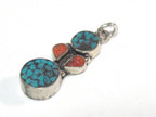 2 charms - Small linear drop shape Tibetan silver charm pendant with mosaic turquoise inlay - PM574Bx
