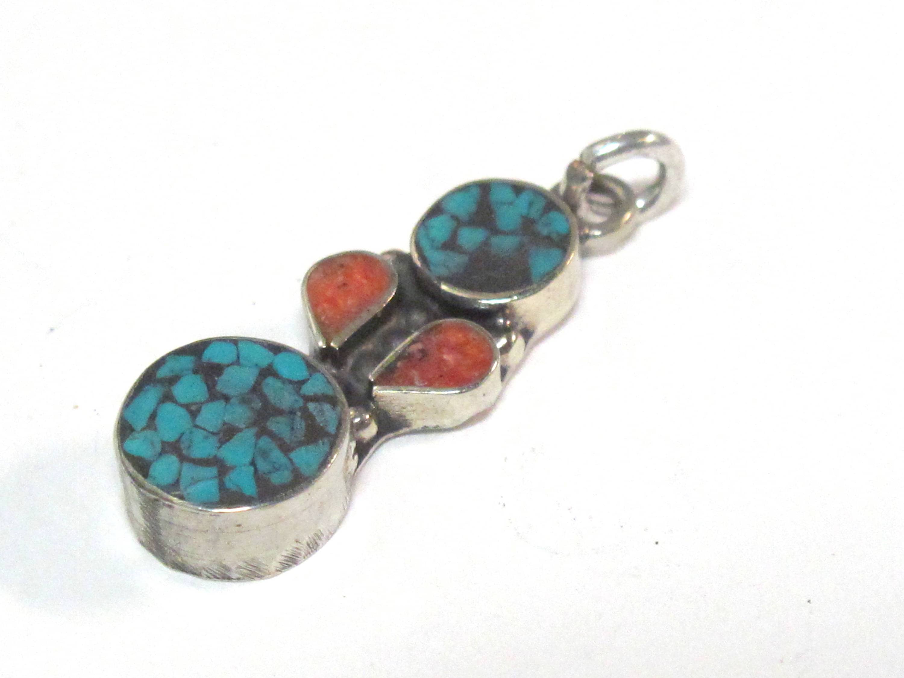 2 charms - Small linear drop shape Tibetan silver charm pendant with mosaic turquoise inlay - PM574Bx