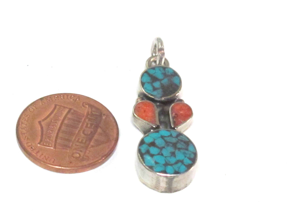 2 charms - Small linear drop shape Tibetan silver charm pendant with mosaic turquoise inlay - PM574Bx