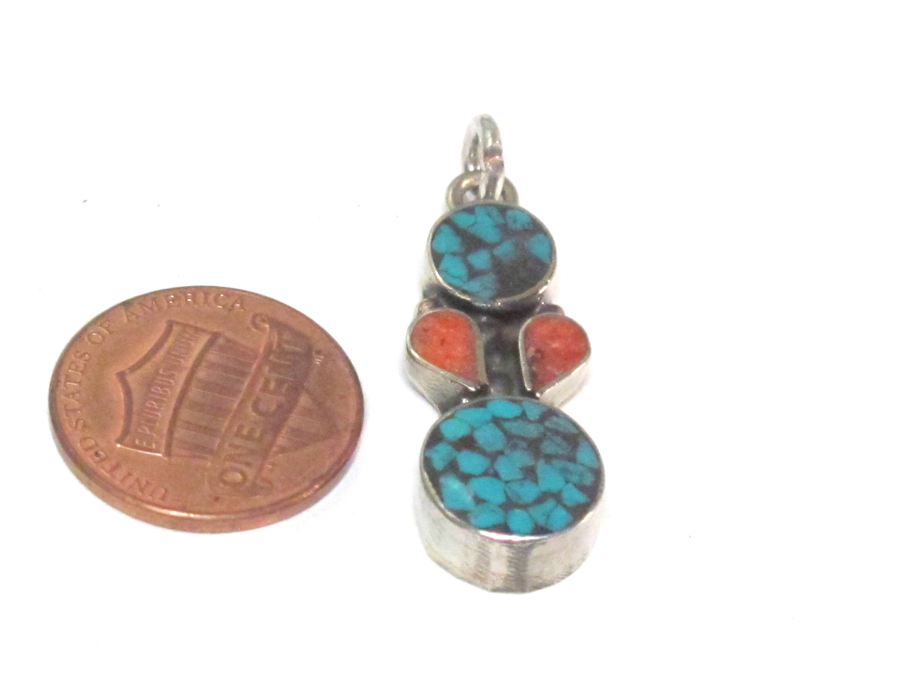 2 charms - Small linear drop shape Tibetan silver charm pendant with mosaic turquoise inlay - PM574Bx