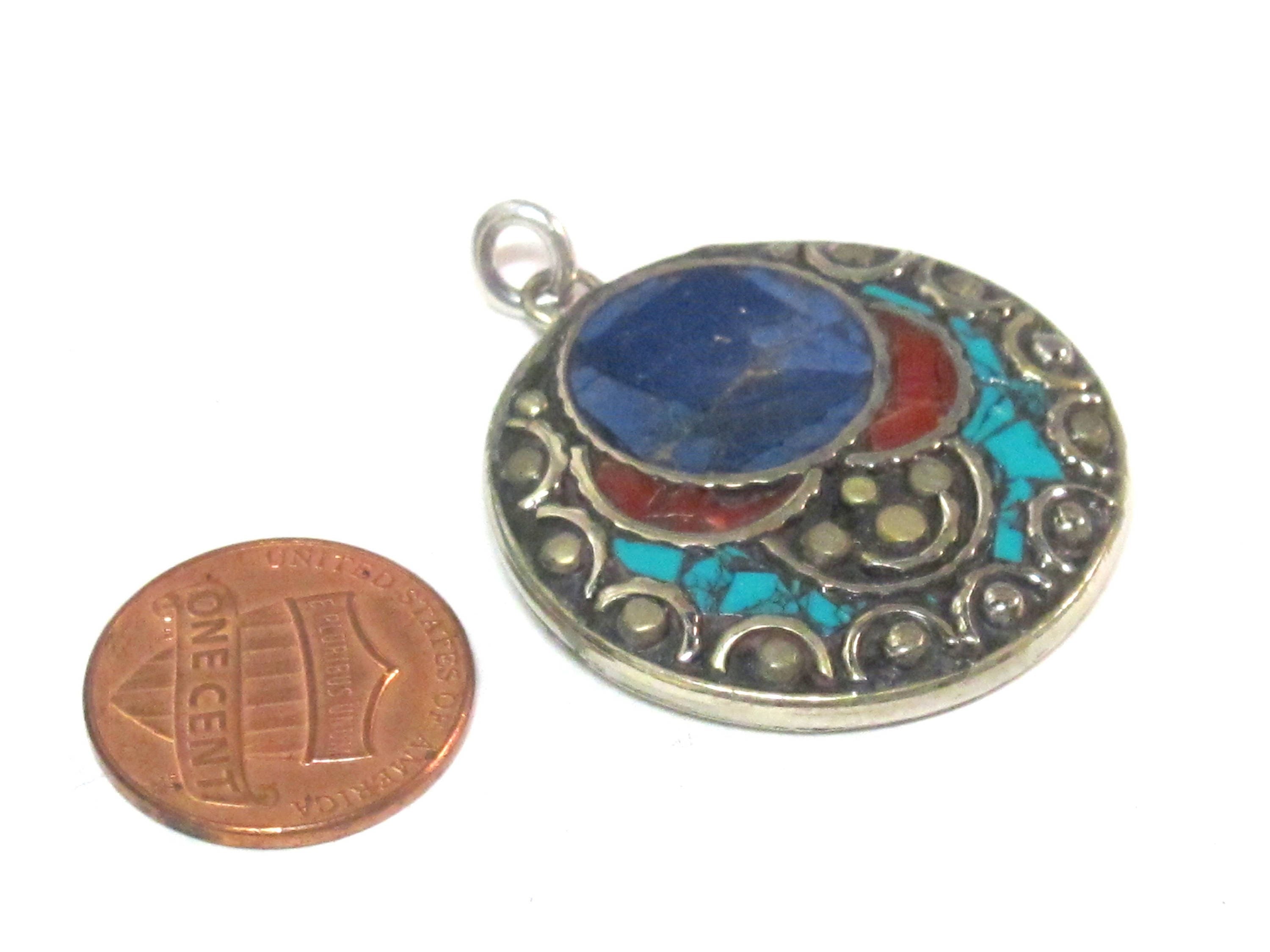 1 pendant - Beautiful round disc shape design Tibetan pendant with mosaic turquoise lapis coral inlay - PM575B