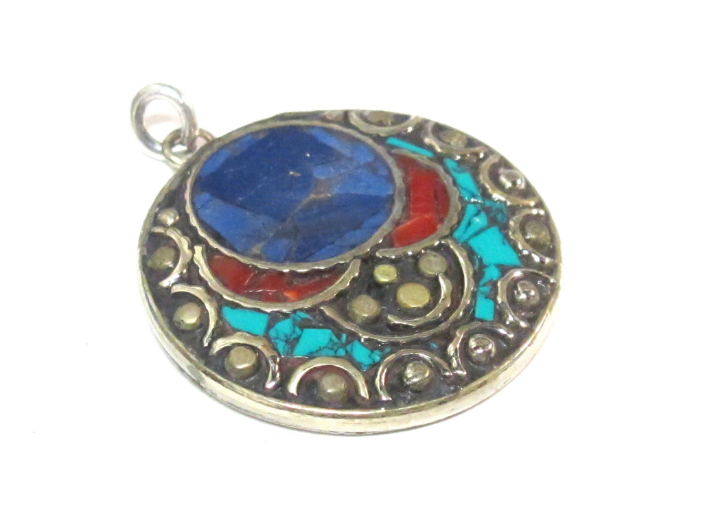 1 pendant - Beautiful round disc shape design Tibetan pendant with mosaic turquoise lapis coral inlay - PM575B