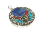 1 pendant - Beautiful round disc shape design Tibetan pendant with mosaic turquoise lapis coral inlay - PM575B