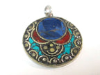 1 pendant - Beautiful round disc shape design Tibetan pendant with mosaic turquoise lapis coral inlay - PM575B