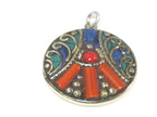 1 pendant - Beautiful round oval disc shape ethnic peace symbol Tibetan pendant with turquoise lapis coral inlay - PM576B