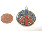 1 pendant - Beautiful round oval disc shape ethnic peace symbol Tibetan pendant with turquoise lapis coral inlay - PM576B