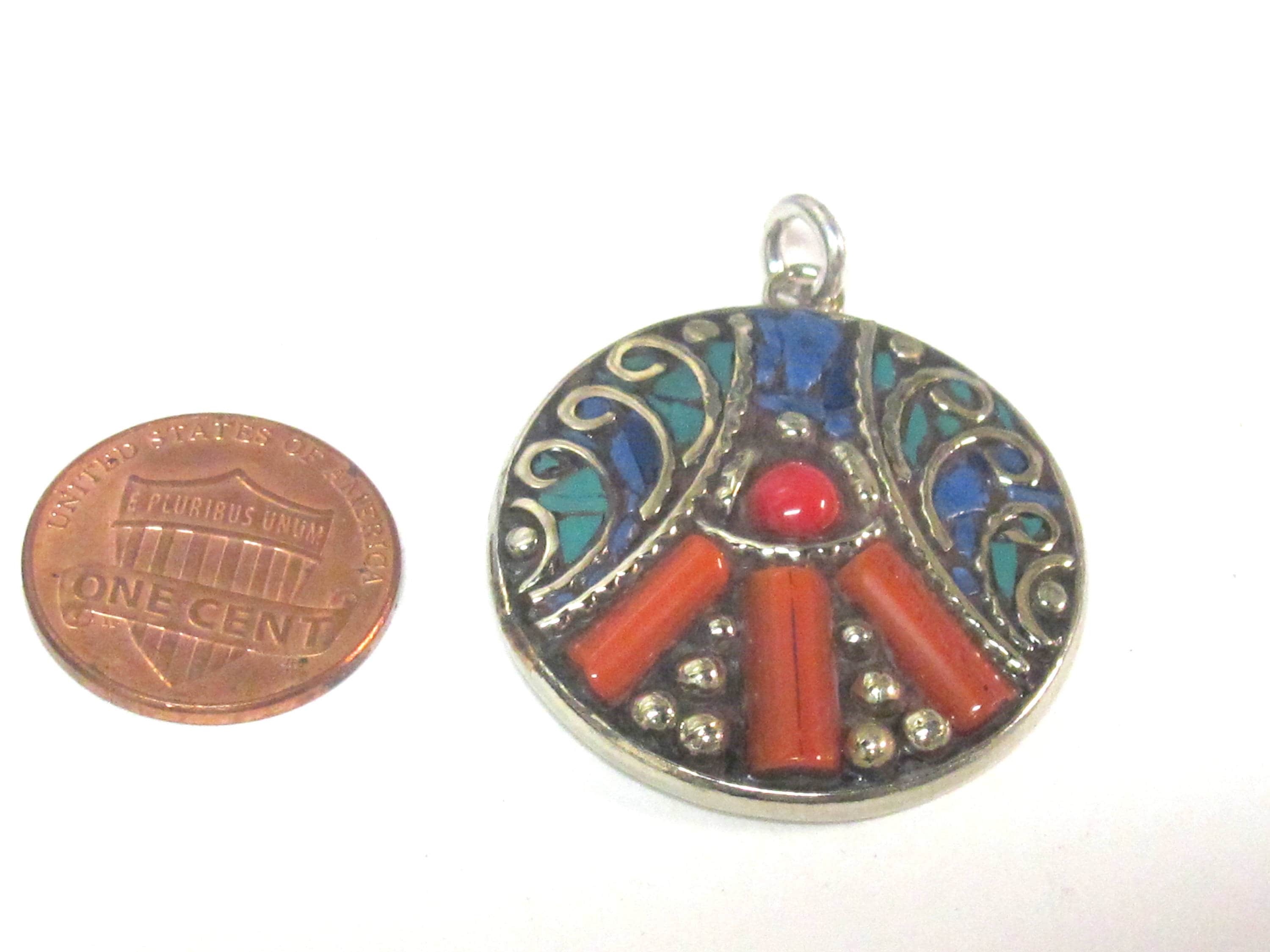 1 pendant - Beautiful round oval disc shape ethnic peace symbol Tibetan pendant with turquoise lapis coral inlay - PM576B