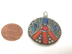 1 pendant - Beautiful round oval disc shape ethnic peace symbol Tibetan pendant with turquoise lapis coral inlay - PM576B