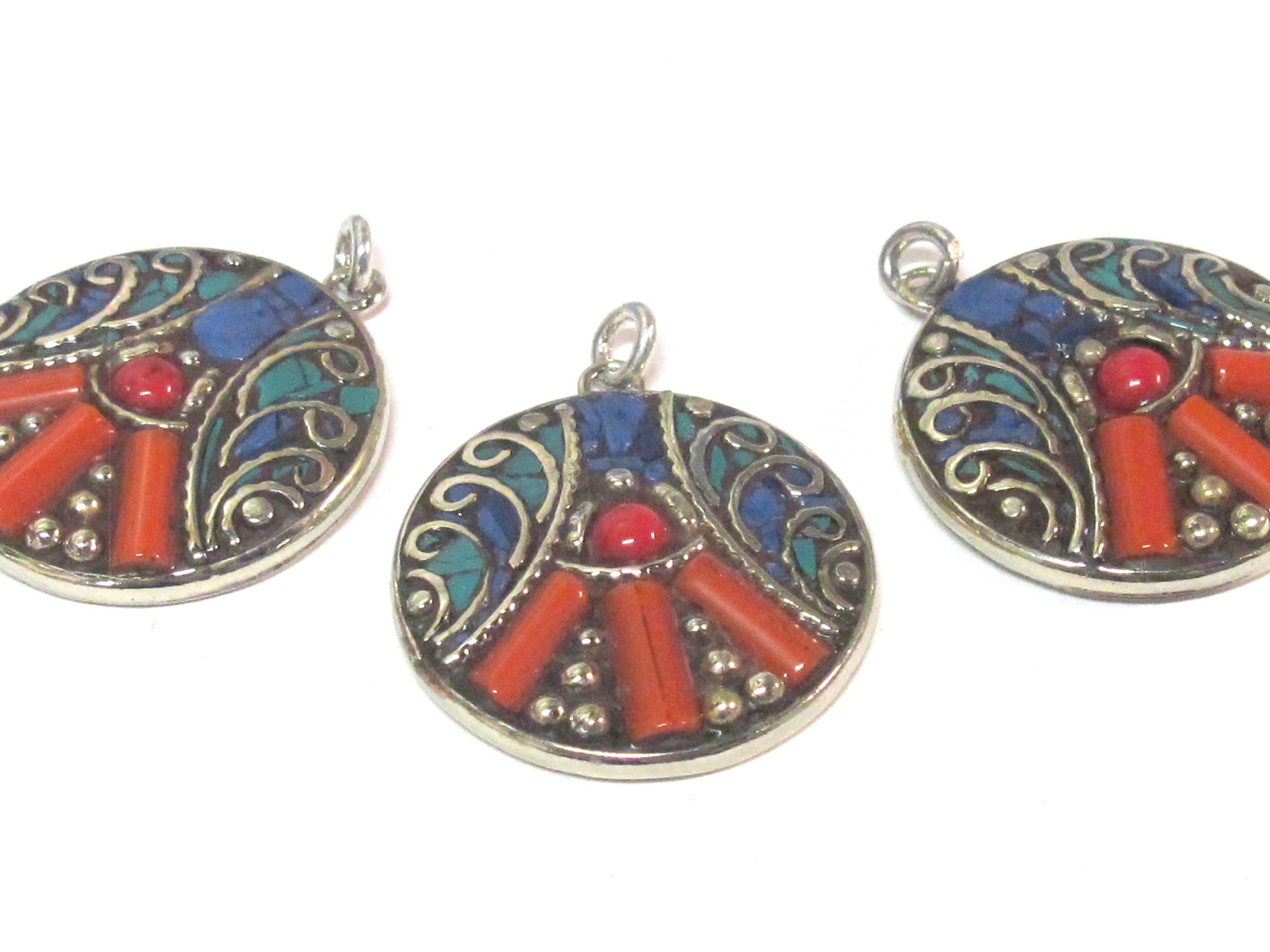 1 pendant - Beautiful round oval disc shape ethnic peace symbol Tibetan pendant with turquoise lapis coral inlay - PM576B