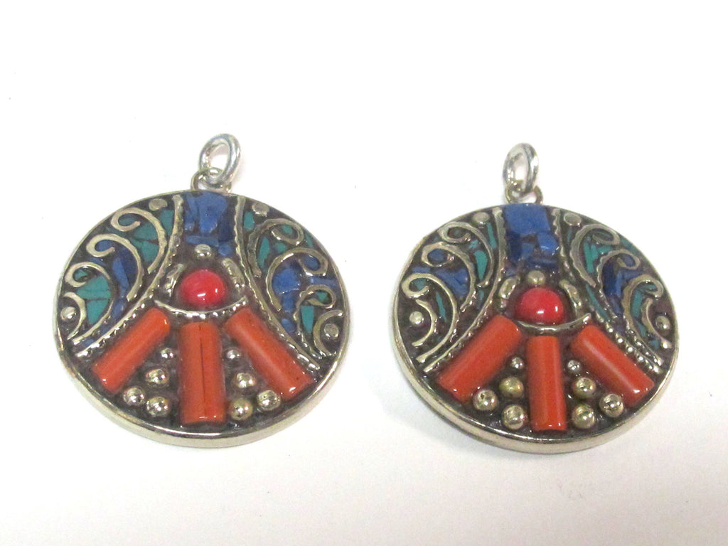 1 pendant - Beautiful round oval disc shape ethnic peace symbol Tibetan pendant with turquoise lapis coral inlay - PM576B
