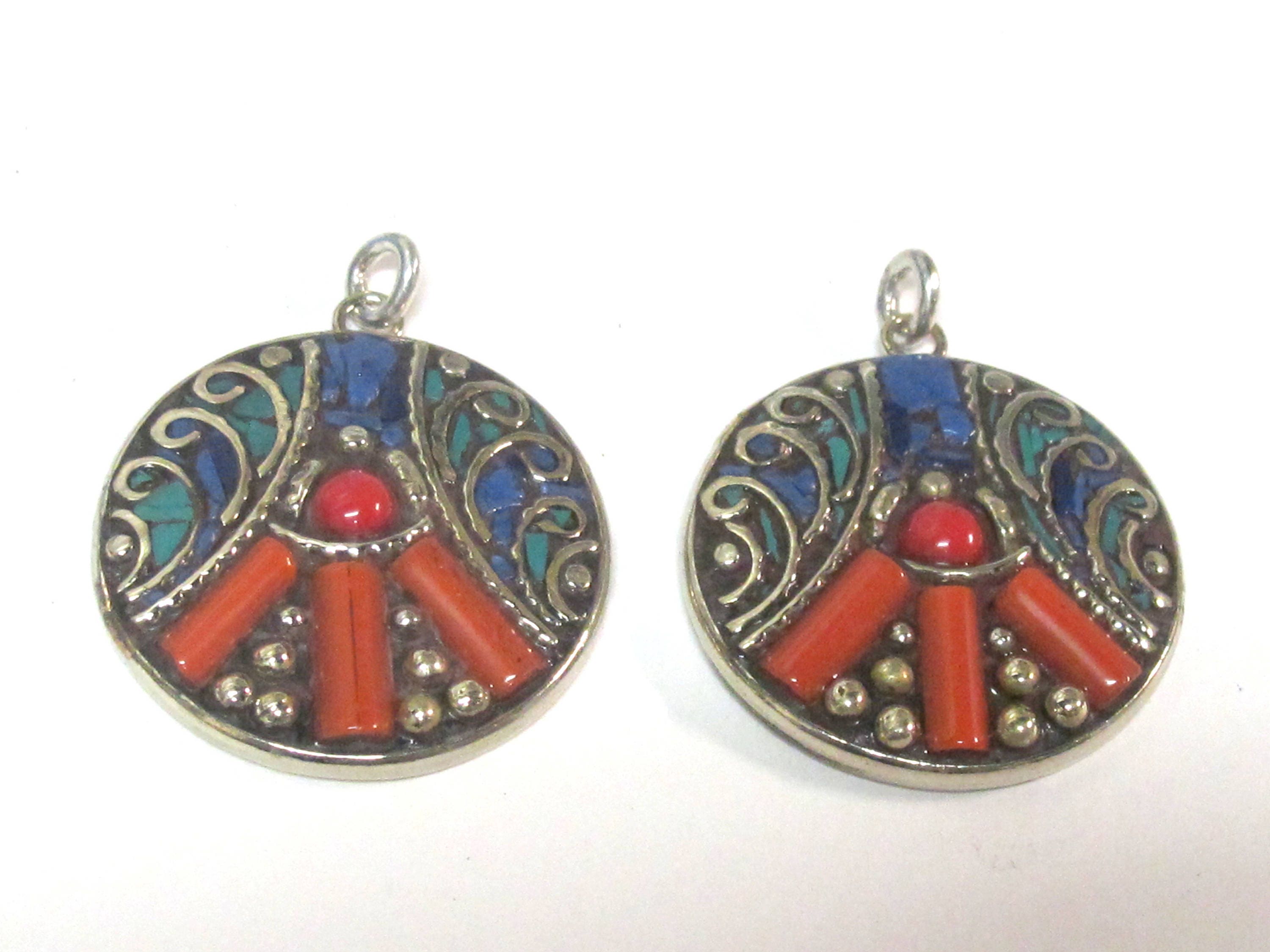 1 pendant - Beautiful round oval disc shape ethnic peace symbol Tibetan pendant with turquoise lapis coral inlay - PM576B