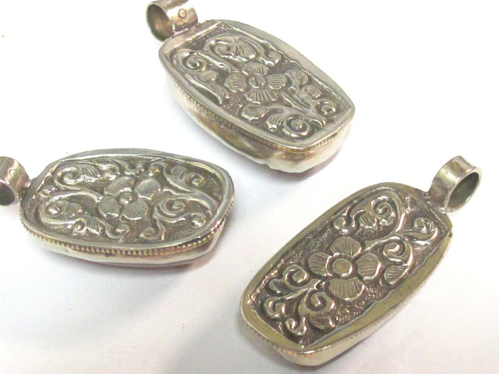 2 Pendants - Himalayan natural carnelian gemstone tibetan silver pendant with reverse side flower carving - PM577Ex