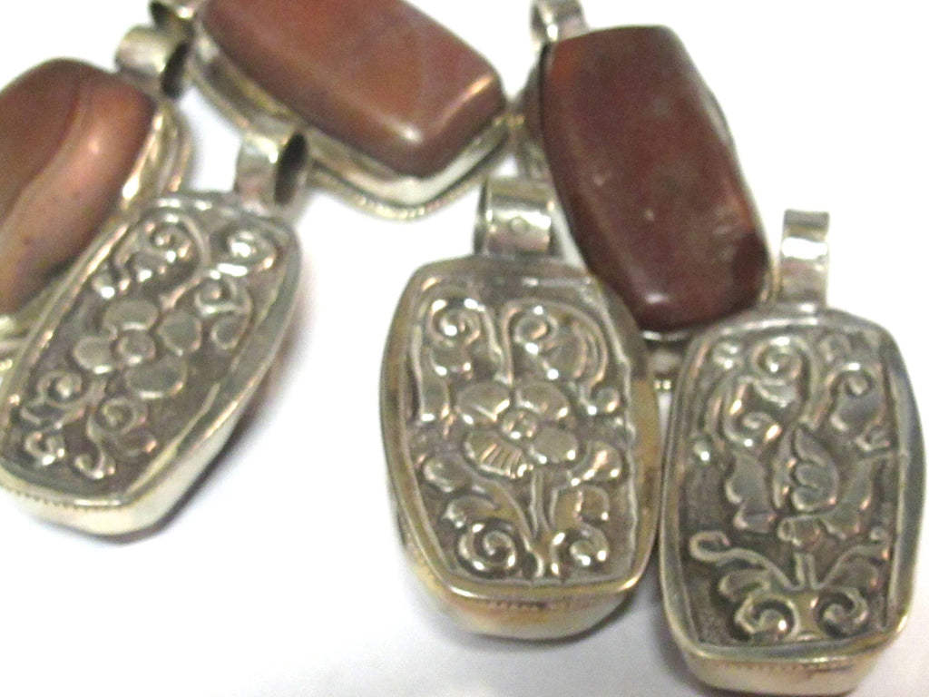 2 Pendants - Himalayan natural carnelian gemstone tibetan silver pendant with reverse side flower carving - PM577Ex