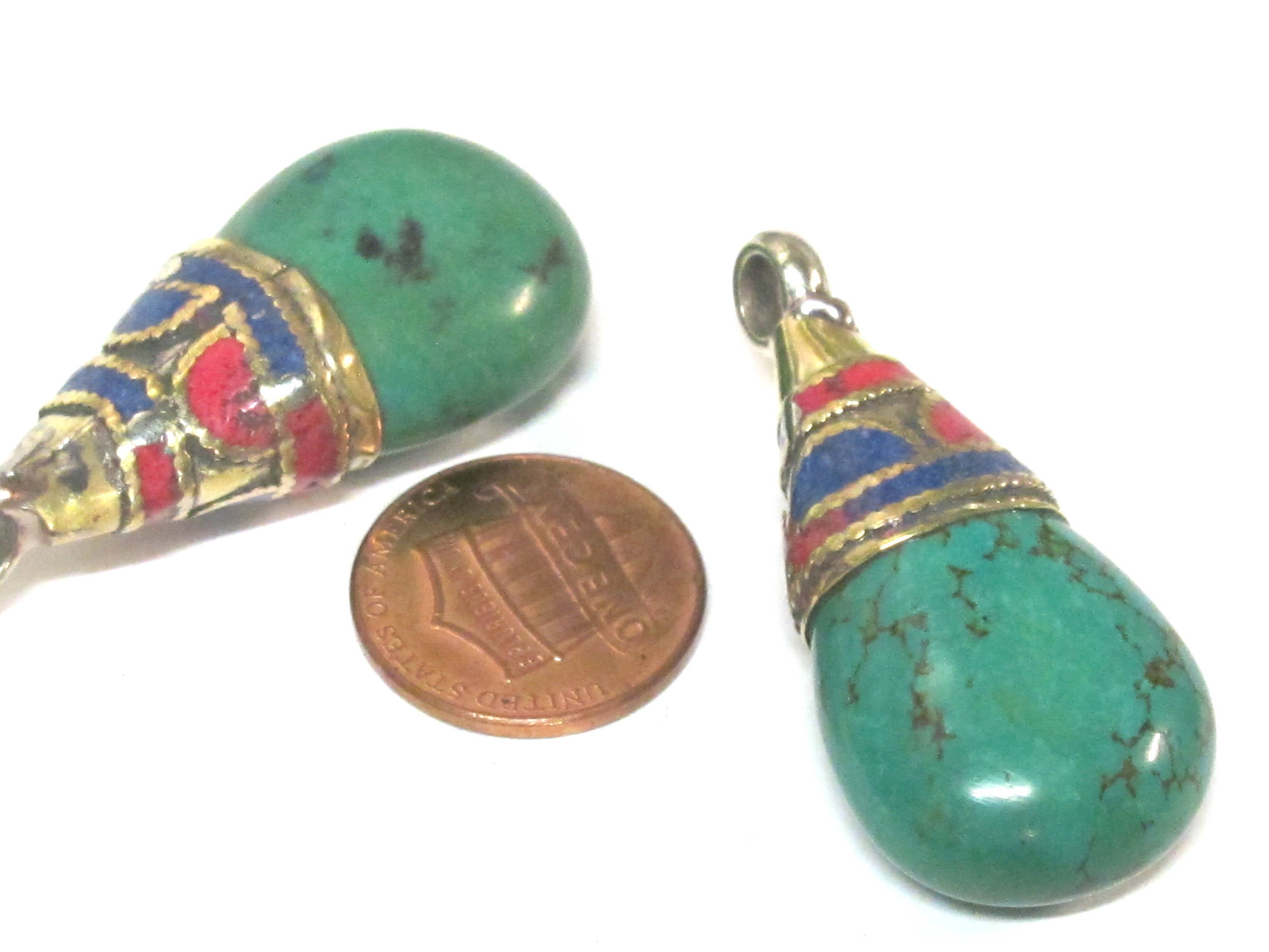 1 Pendant - Beautiful Ethnic Nepal Tibetan turquoise drop pendant with brass bail lapis inlay -- PM578