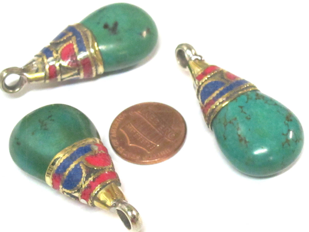 1 Pendant - Beautiful Ethnic Nepal Tibetan turquoise drop pendant with brass bail lapis inlay -- PM578