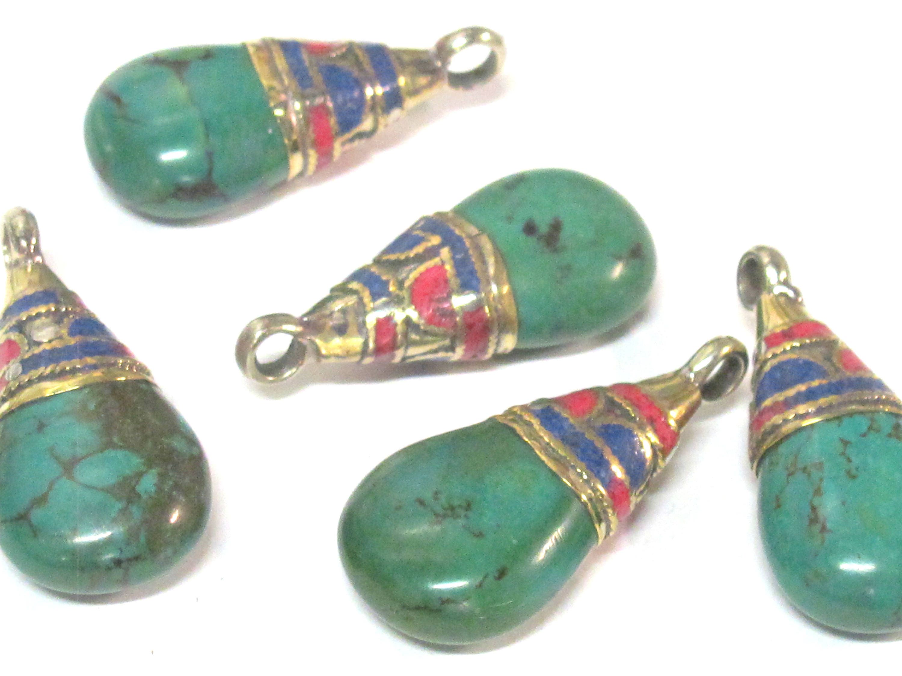 1 Pendant - Beautiful Ethnic Nepal Tibetan turquoise drop pendant with brass bail lapis inlay -- PM578