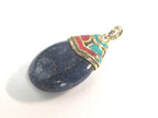 1 Pendant - Beautiful Ethnic Nepal Tibetan lapis drop pendant with brass bail turquoise inlay -- PM579