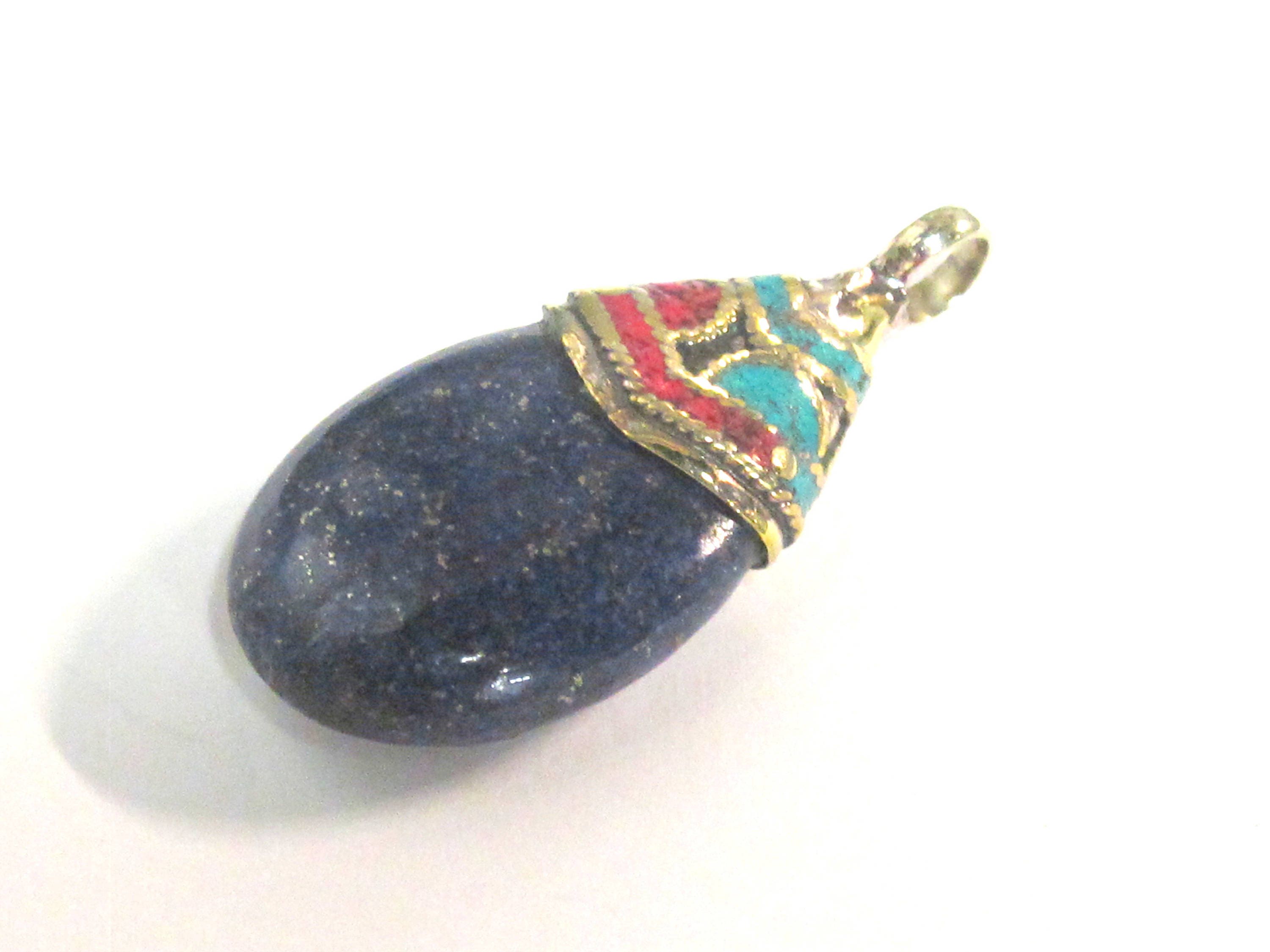 1 Pendant - Beautiful Ethnic Nepal Tibetan lapis drop pendant with brass bail turquoise inlay -- PM579