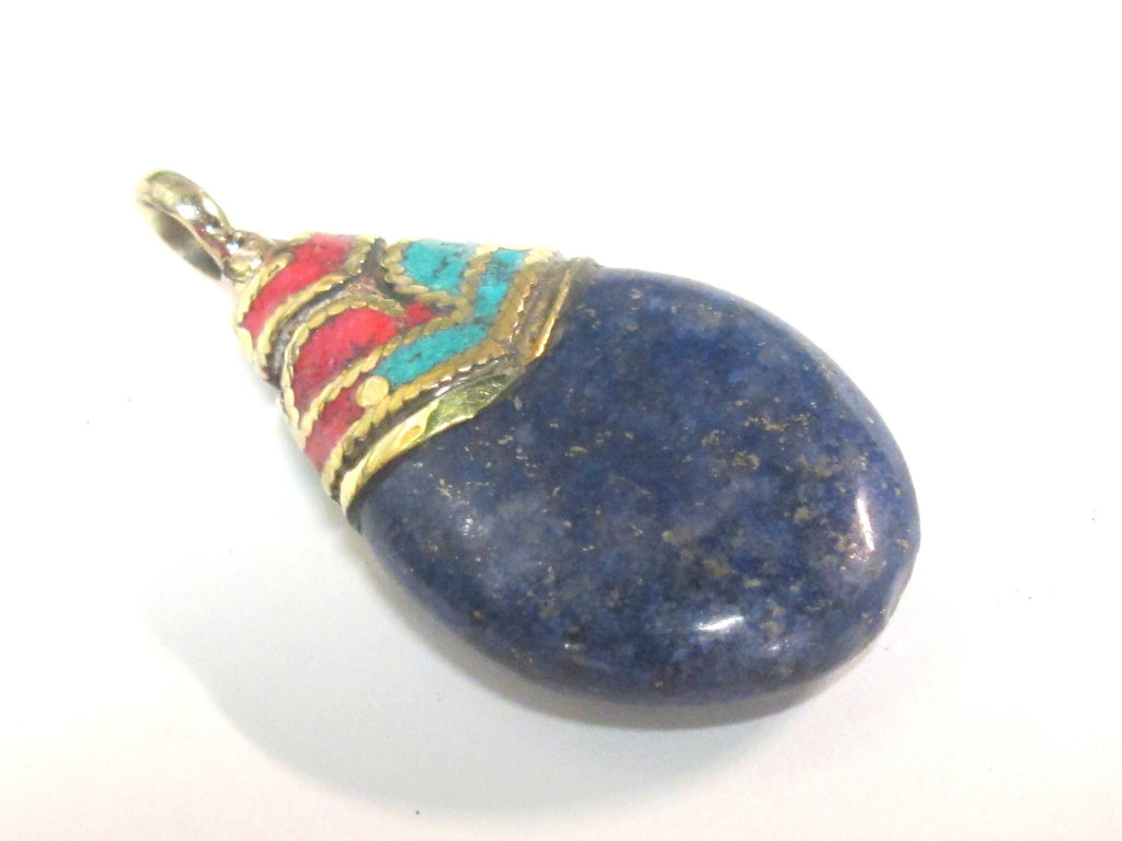 1 Pendant - Beautiful Ethnic Nepal Tibetan lapis drop pendant with brass bail turquoise inlay -- PM579