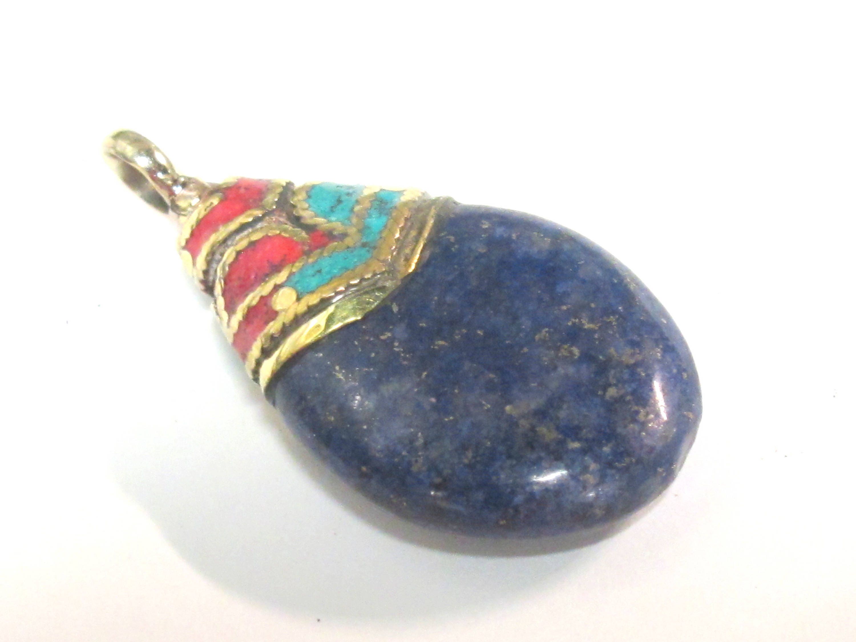 1 Pendant - Beautiful Ethnic Nepal Tibetan lapis drop pendant with brass bail turquoise inlay -- PM579