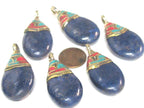 1 Pendant - Beautiful Ethnic Nepal Tibetan lapis drop pendant with brass bail turquoise inlay -- PM579