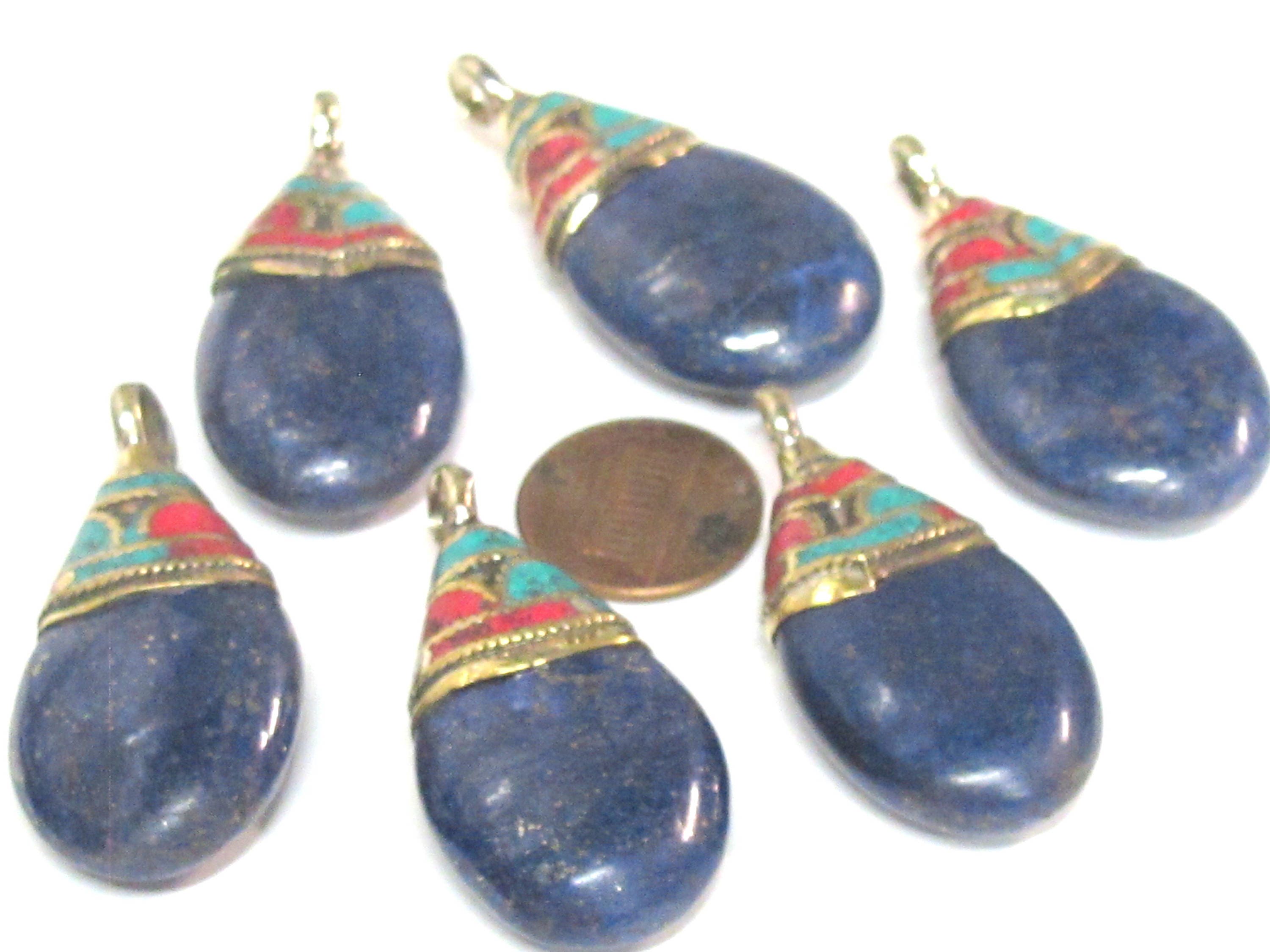 1 Pendant - Beautiful Ethnic Nepal Tibetan lapis drop pendant with brass bail turquoise inlay -- PM579