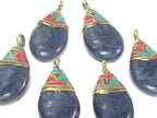 1 Pendant - Beautiful Ethnic Nepal Tibetan lapis drop pendant with brass bail turquoise inlay -- PM579