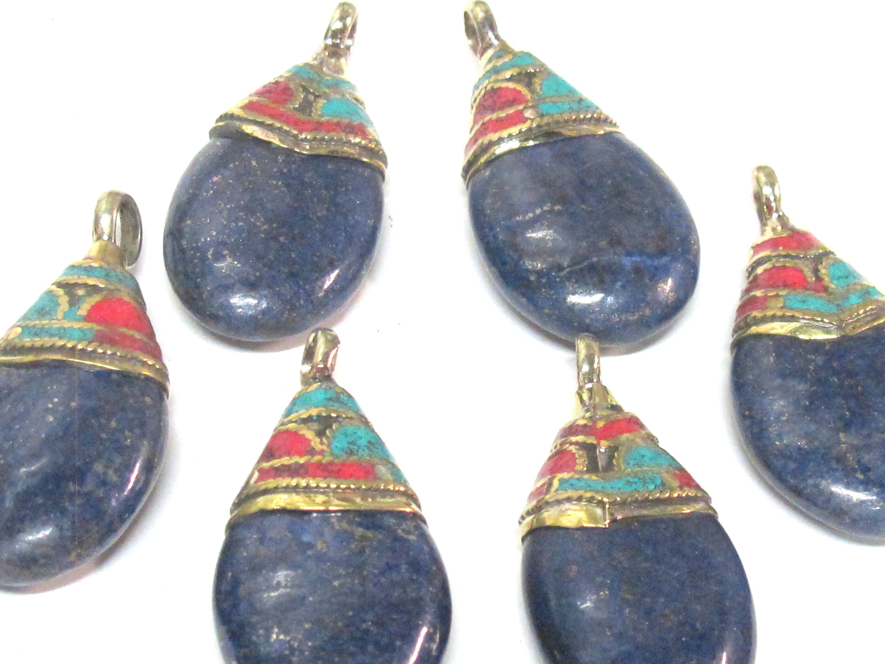 1 Pendant - Beautiful Ethnic Nepal Tibetan lapis drop pendant with brass bail turquoise inlay -- PM579