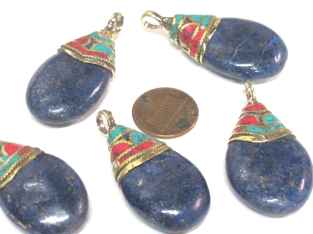 1 Pendant - Beautiful Ethnic Nepal Tibetan lapis drop pendant with brass bail turquoise inlay -- PM579